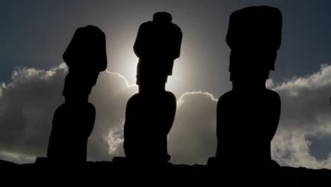 easter island statues are silhouetted against the sun