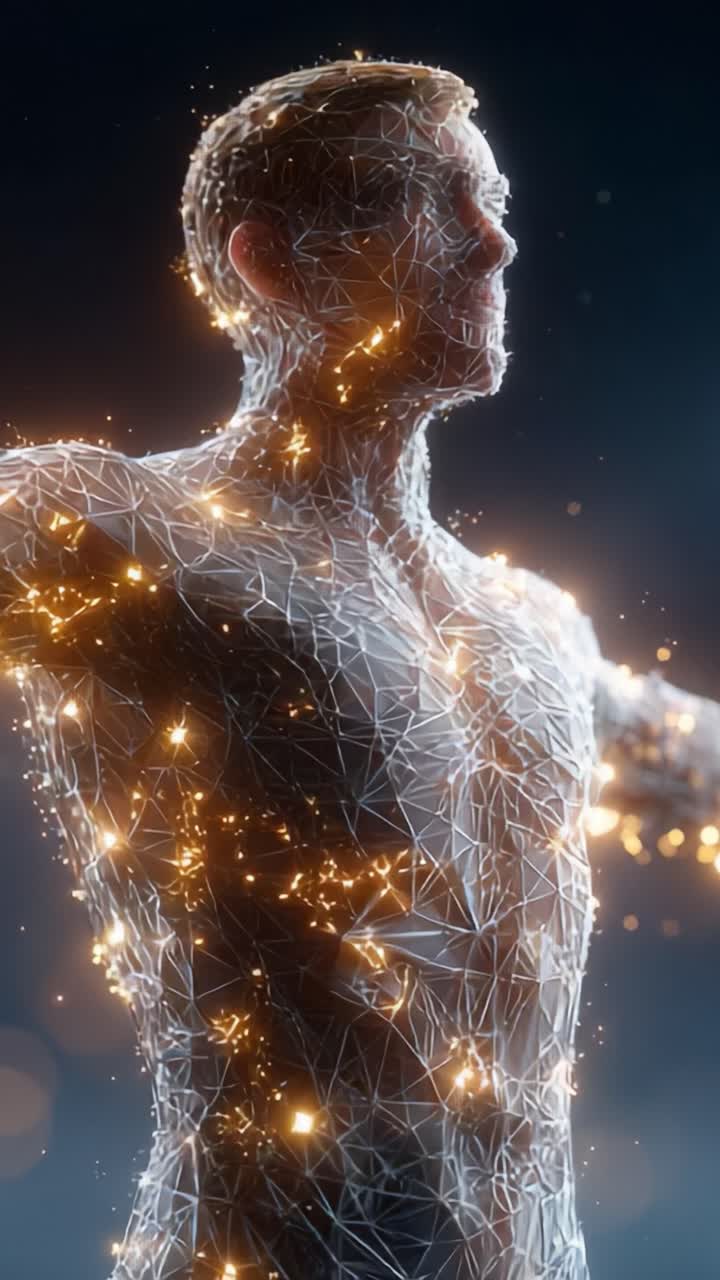 A Stunning Visualization of a Human Figure Enveloped in Sparkling Geometry, Blending Art and Technology to Represent Digital Innovation in Aesthetic Forms