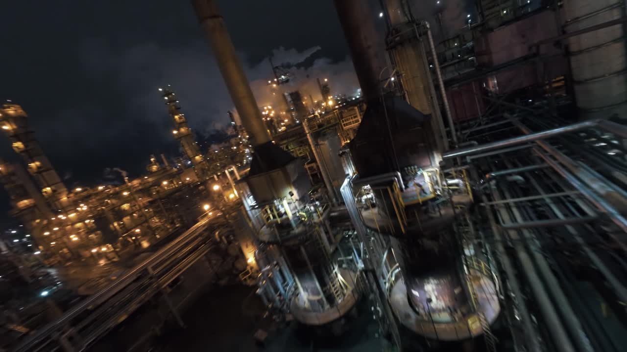 Top-down FPV flight moves across refinery tanks, pipes, stacks and flares through smoky night air at energy operation refinery