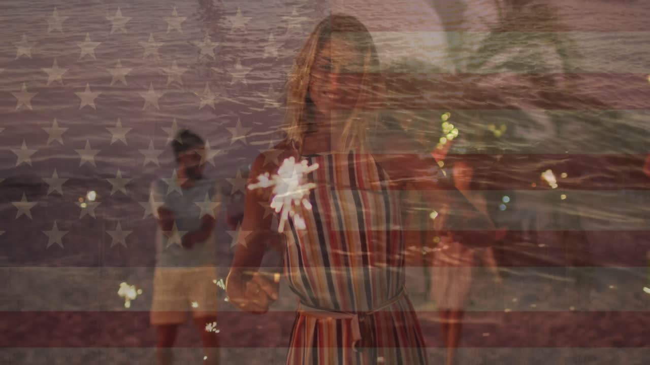 다양한 사람들 위에 있는 미국 발과 바다의 애니메이션