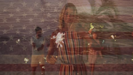 animación de la bandera de los ee.uu. y el mar sobre diversas personas