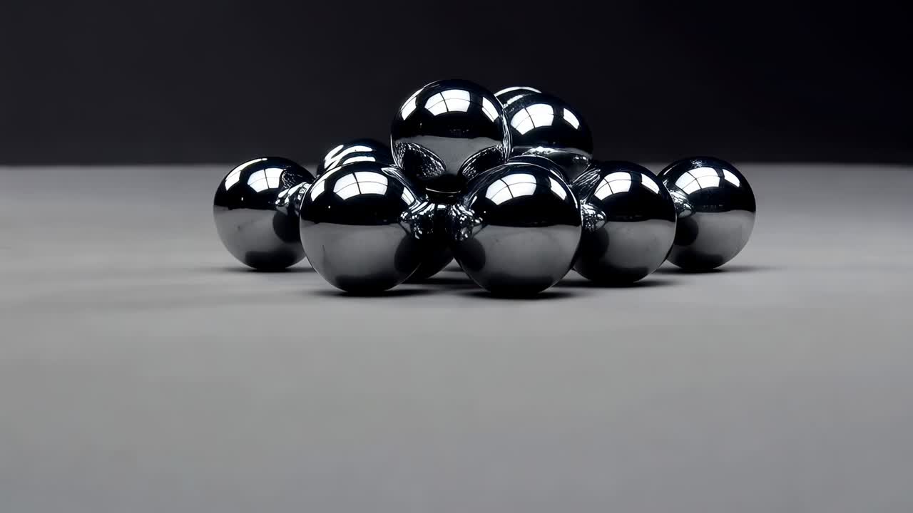 Releasing hold, cluster of chrome spheres rolling forward on matte grey top forming glossy bridge