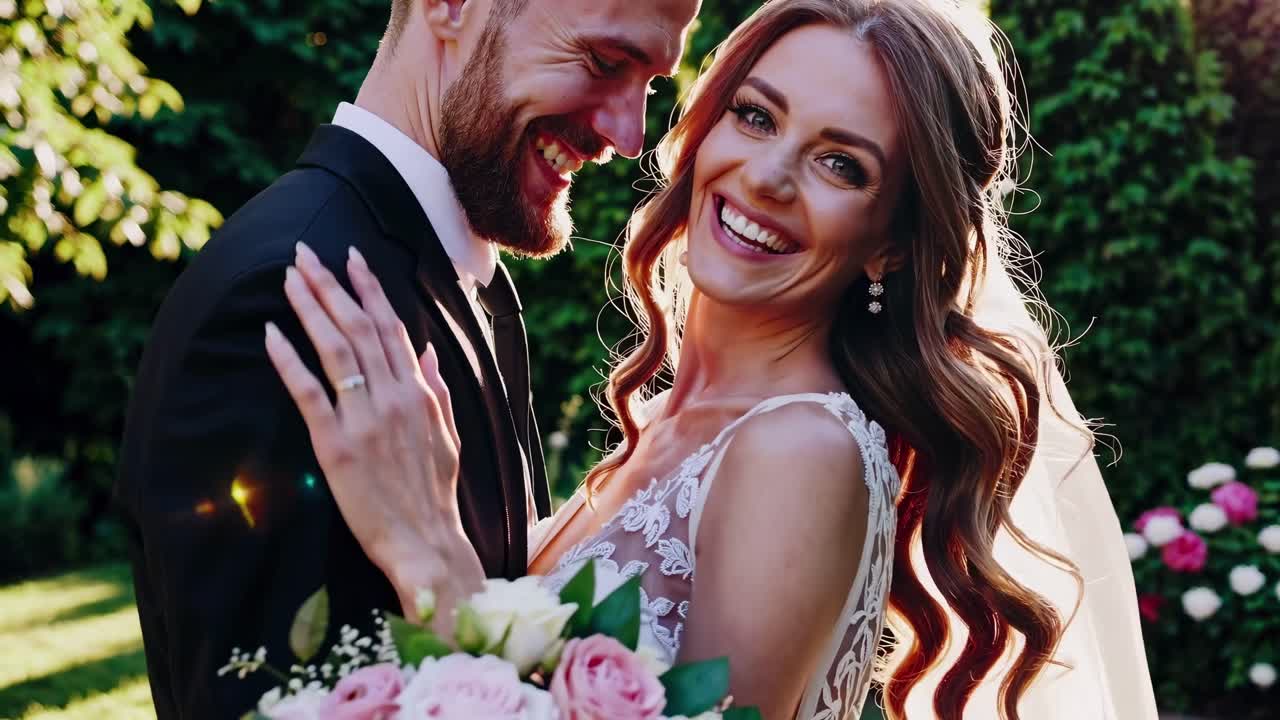 Ripresa video ravvicinata che cattura una coppia gioiosa in abiti da sposi, con focus su rosso e bianco vibranti.