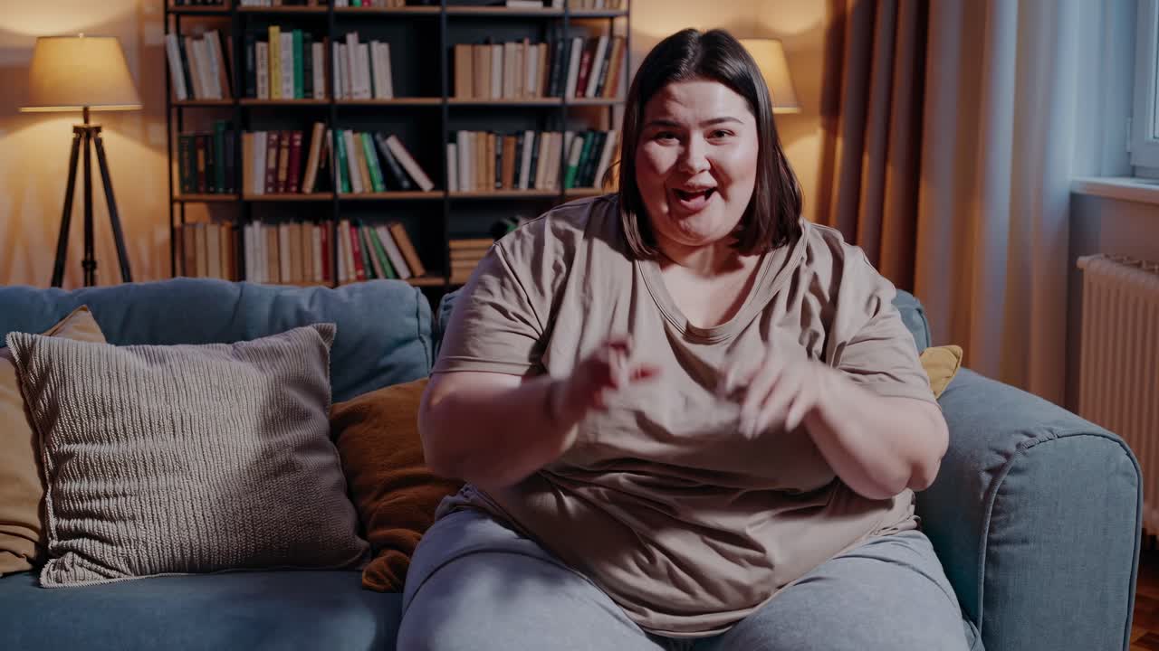 A woman sits on a sofa in a cozy living room, speaking energetically to the camera
