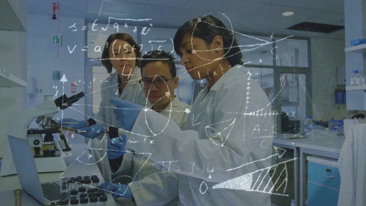 Lab team right researcher showing tube, overlay appearing, pipetting, analyzing on laptop