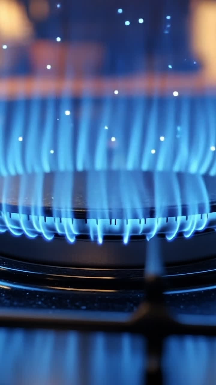 Flames dancing on a gas stove burner. Bright blue flames dance on a gas stove, adding energy and vibrancy to the kitchen atmosphere.