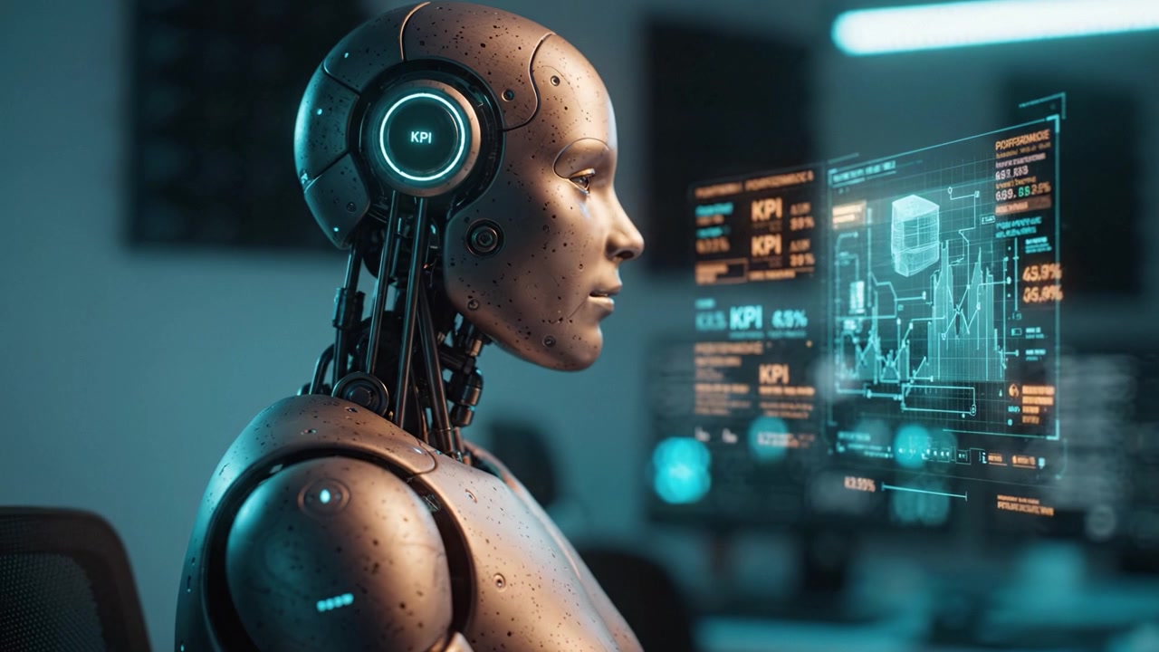 Futuristic humanoid robot with advanced AI technology analyzes data displayed on holographic interface in a modern workspace, showcasing innovation and progress.