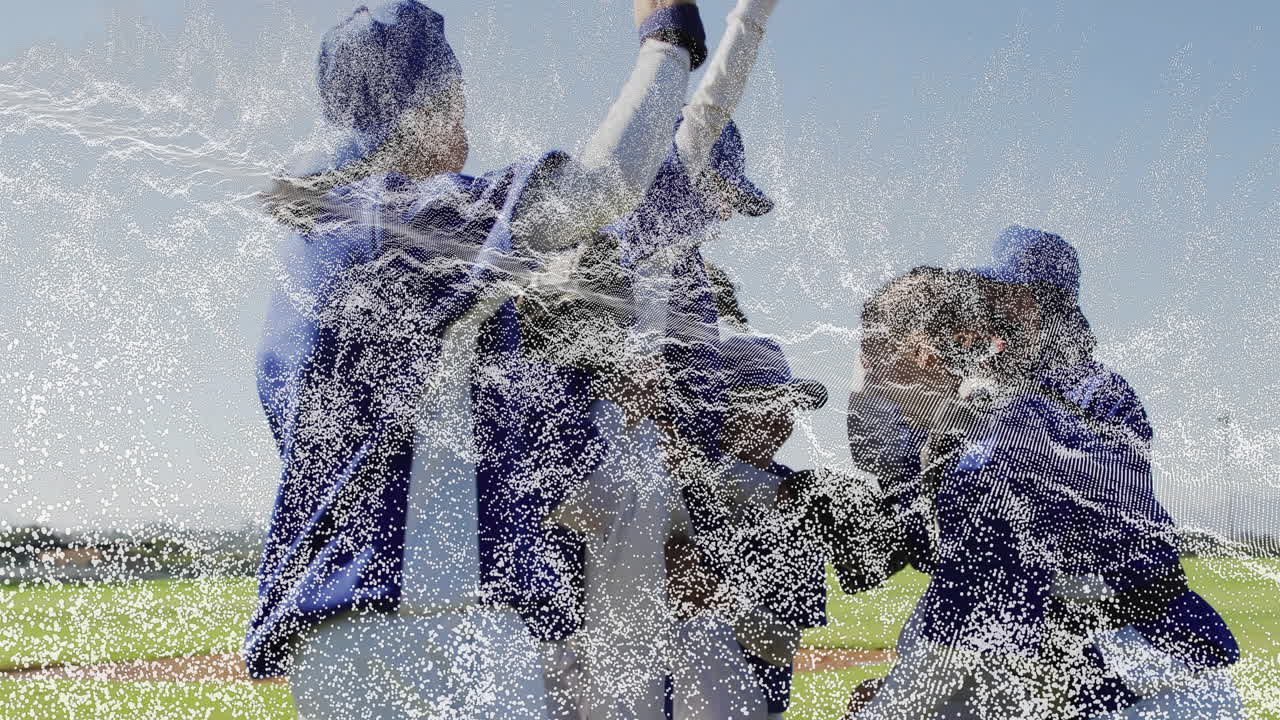 Female baseball team members celebrating on field, displaying floating sports analytics graphics
