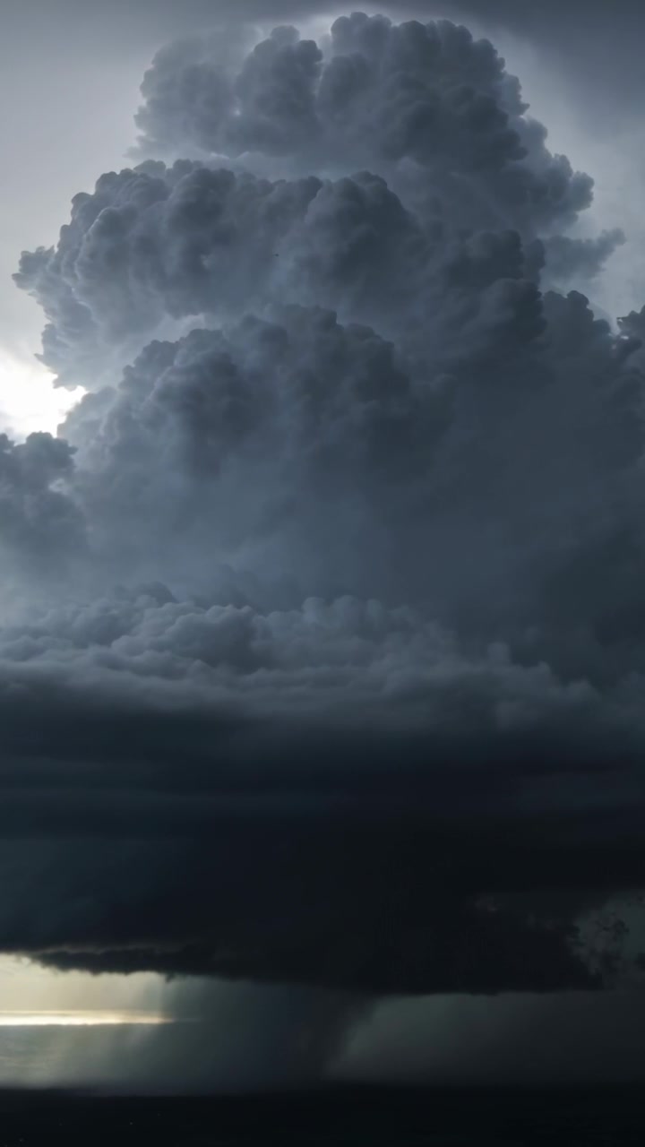 Vertikal video: Modnende stormsky sænker sin base, sender nedadgående luftstrøm over horisonten, lysbånd til venstre