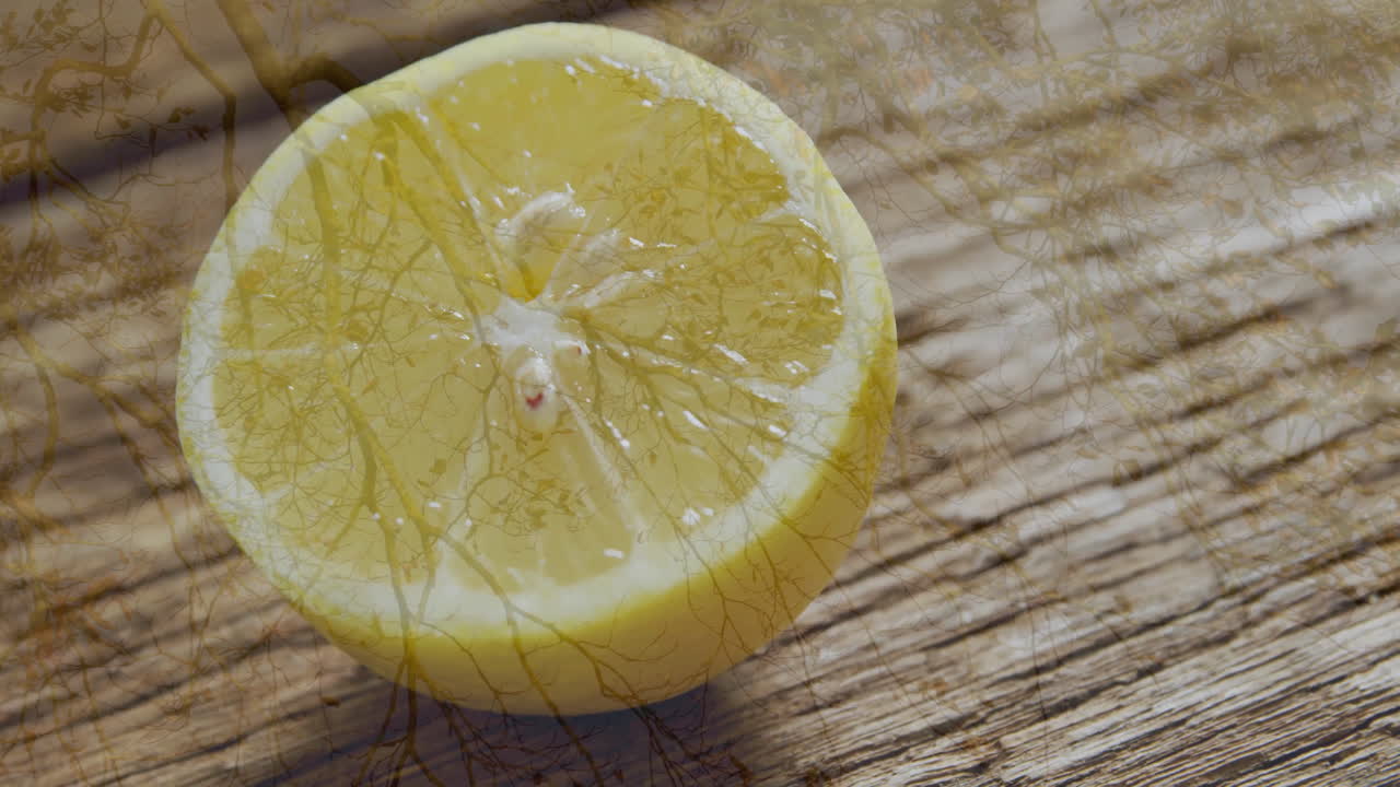 Half lemon with leaf pattern animation on wooden surface, creating artistic effect