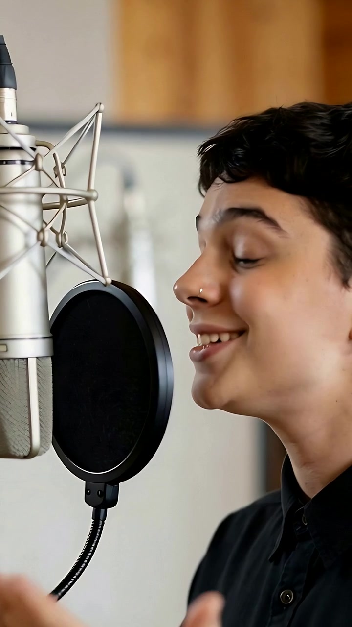 Video verticale: Cantante in maglietta scura canta al microfono con popfilter per registrare una traccia.