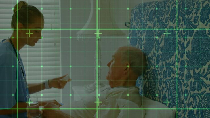 Animation of data processing over caucasisan female doctor taking care of senior patient