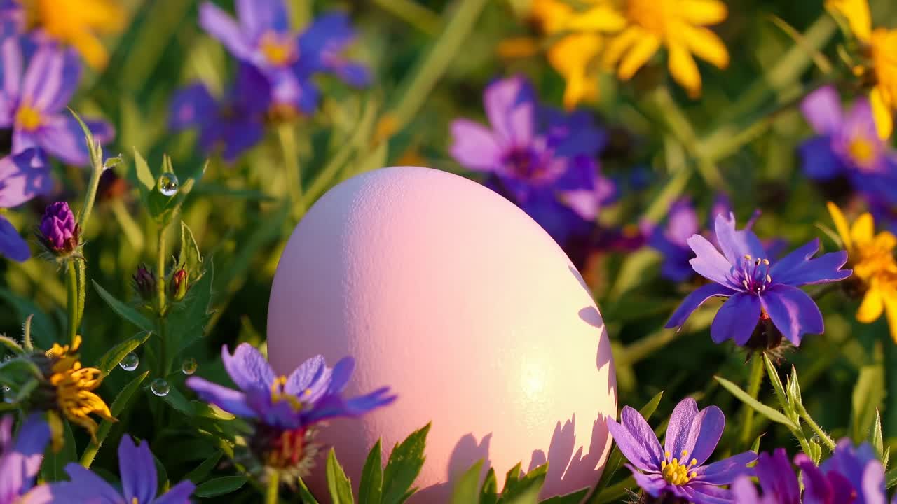 Close-up video still of a pastel pink egg nestled among vibrant purple and yellow flowers