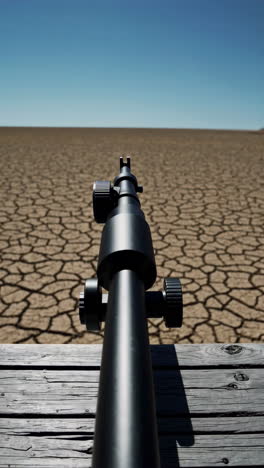 camera tripod in a dry desert landscape
