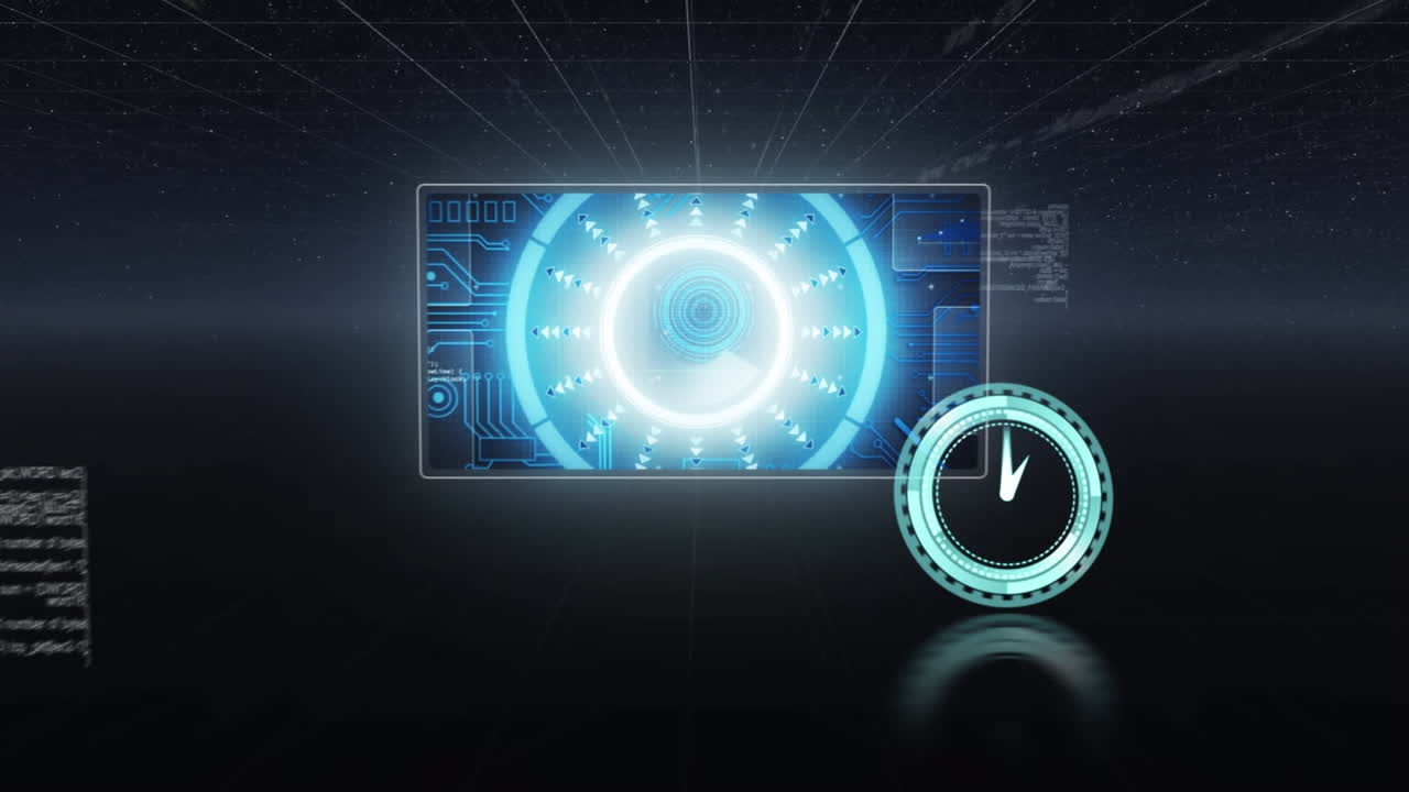 네온 디지털 시계가 둥근 스캐너와 파란색 배경의 데이터 처리에 맞춰 틱하고 있습니다.