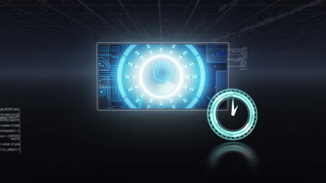 reloj digital de neón haciendo tic-tac contra escáner redondo y procesamiento de datos en fondo azul