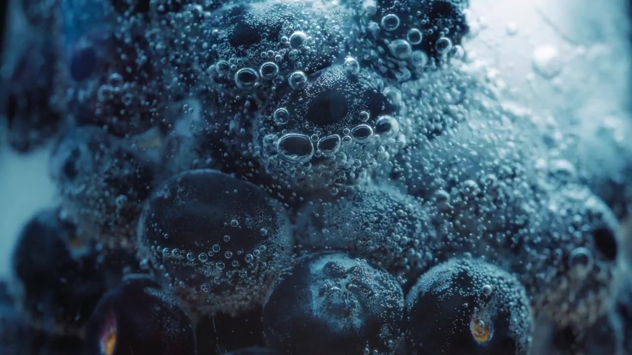 Acqua frizzante che riempie il bicchiere con mirtilli. Slow motion, macro.