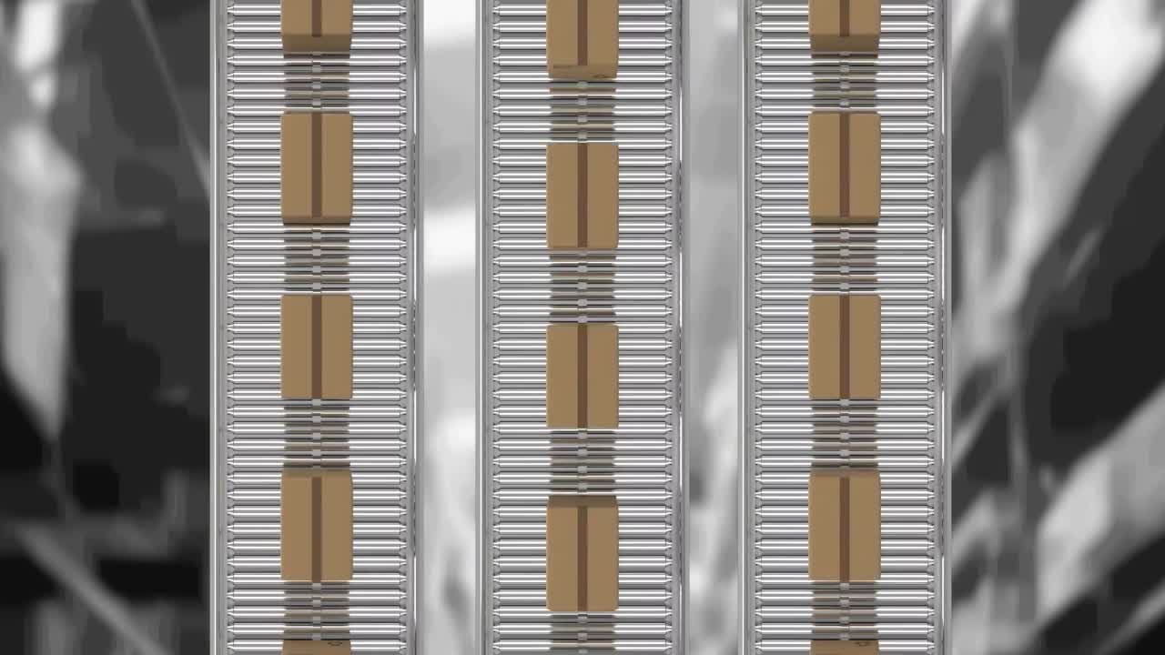 animación de cajas de cartón que se mueven en cintas transportadoras sobre el almacén