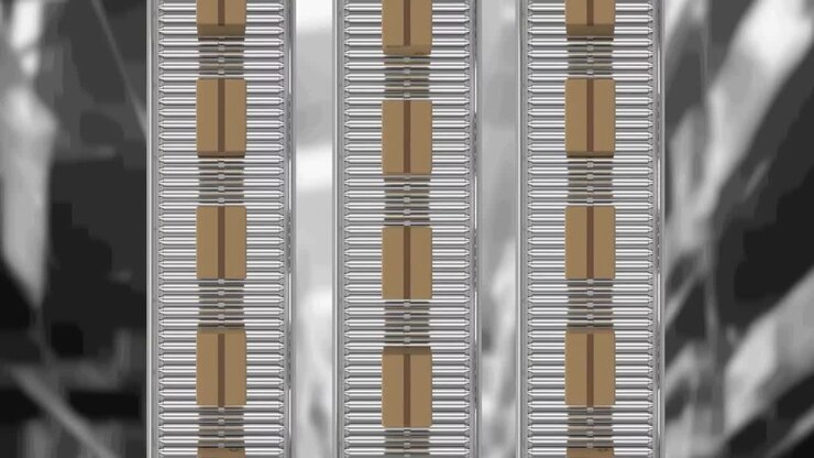 Animation of cardboard boxes moving on conveyor belts over warehouse