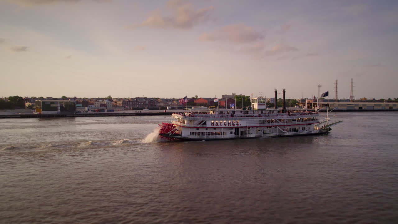 Aerial orbit around Natchez Steamboat on the Mississippi River