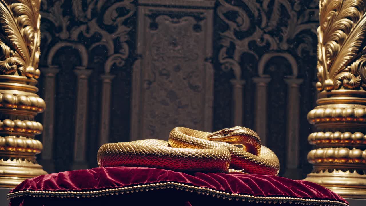 Un serpente dorato riposa su un cuscino di velluto in un ambiente lussuoso.