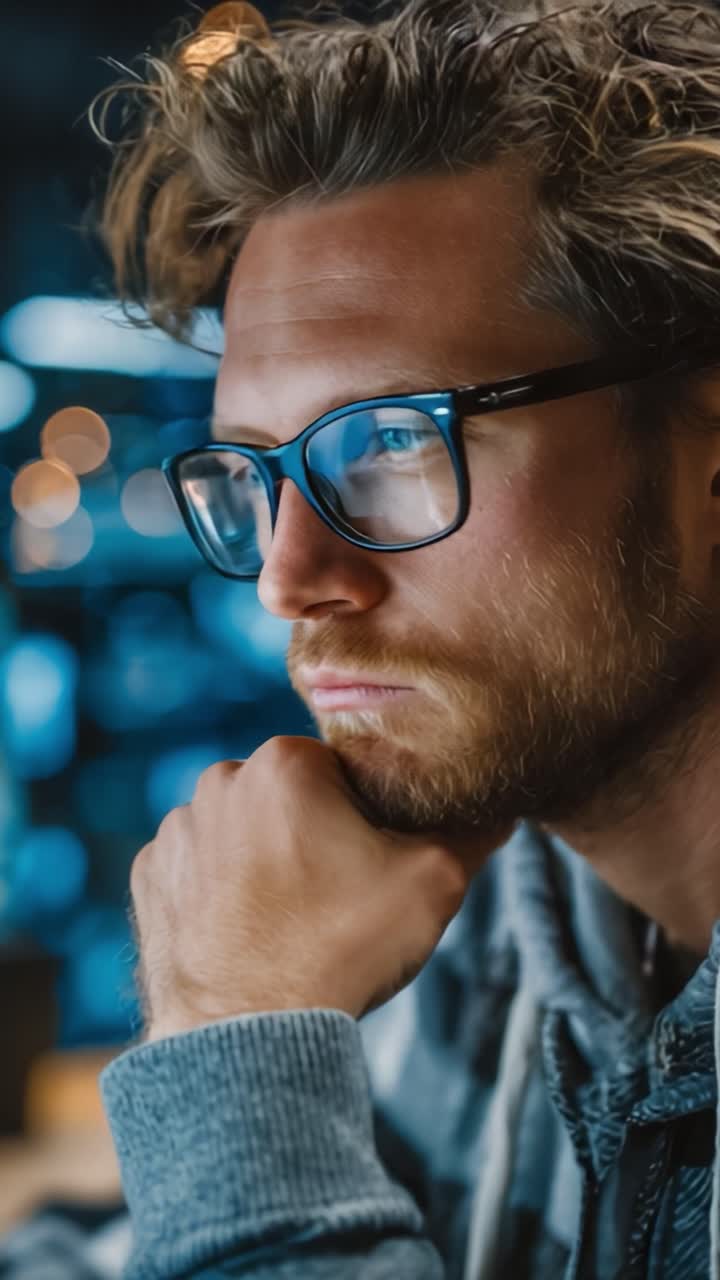 Persona riflessiva, profondamente concentrata in un ambiente poco illuminato, intenta a considerare idee e sfide con intensa concentrazione e determinazione