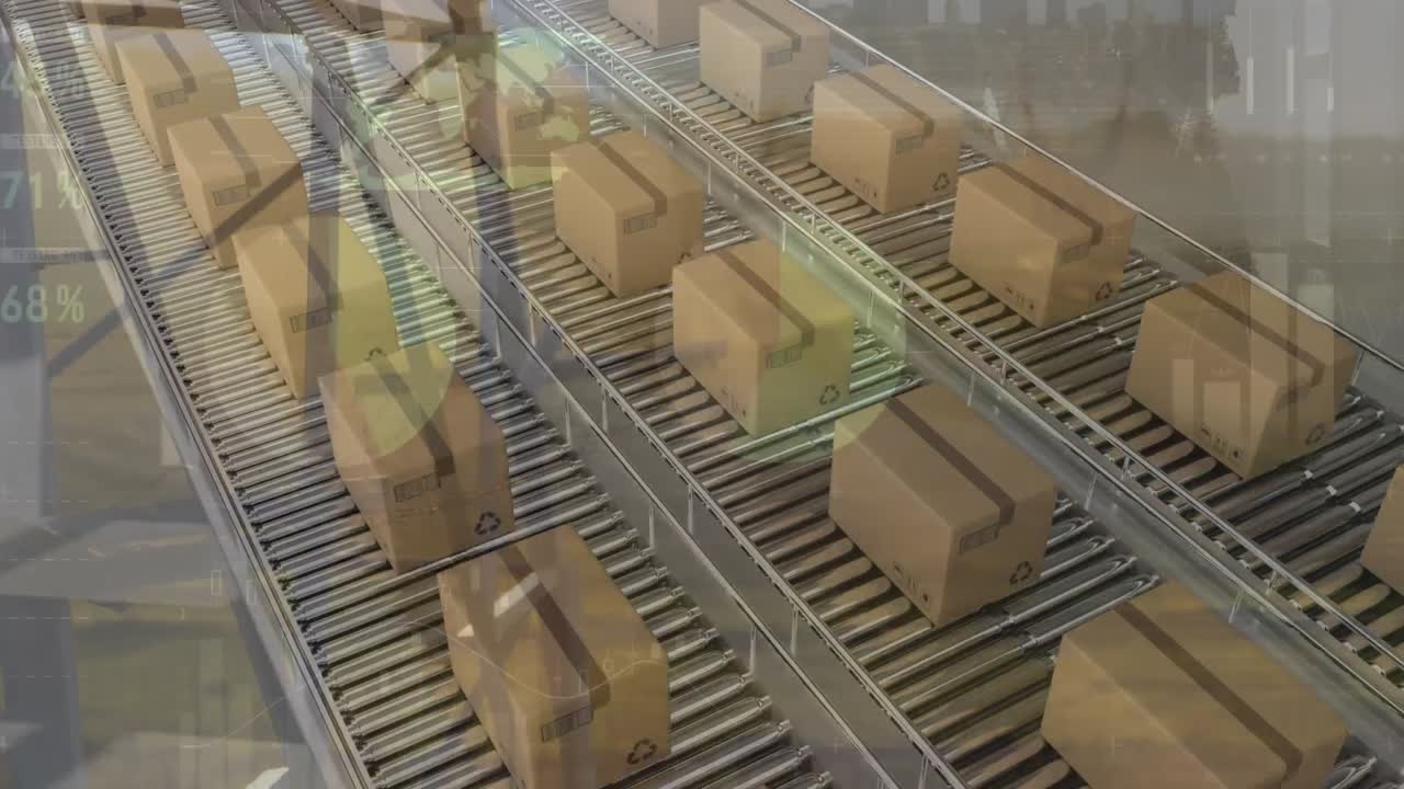 animación del procesamiento de estadísticas sobre cajas de cartón en cintas transportadoras
