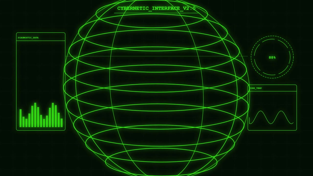 Cybernetic Interface Displaying Rotating Wireframe Sphere