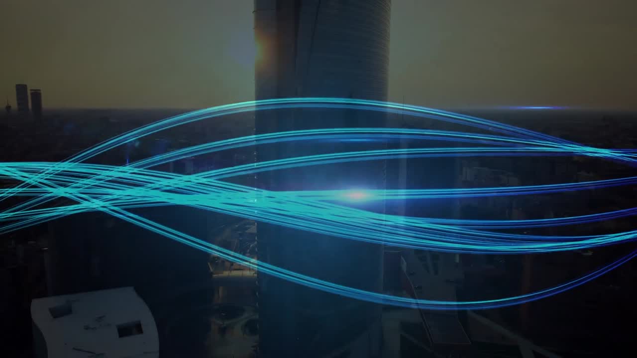 하늘을 배경으로 현대 도시 풍경의 공중 시야에서 추상적인 패턴의 애니메이션