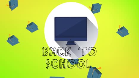 Animation-of-text-back-to-school-over-falling-mortarboards-and-computer-screen-on-yellow