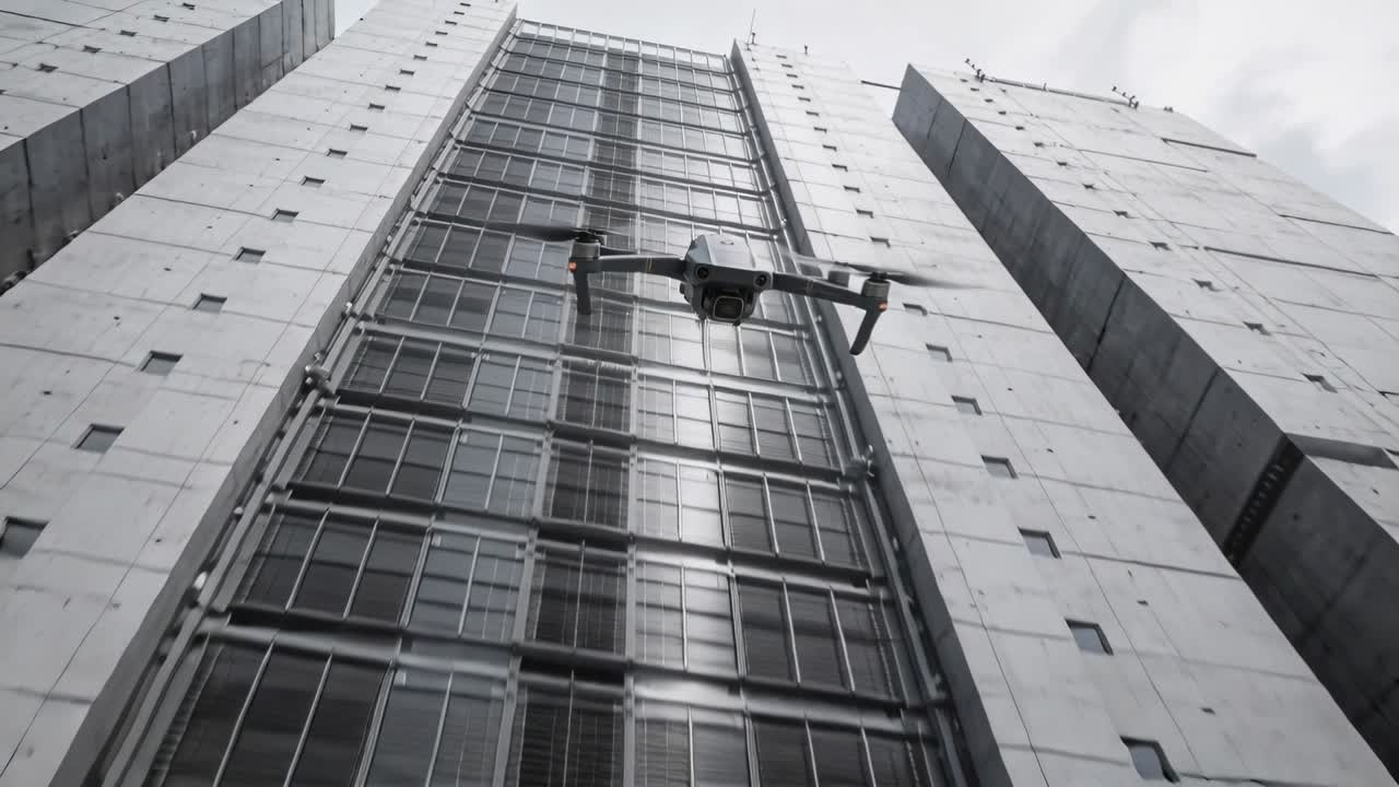 Drone cuadricóptero plegable volando y ascendiendo junto a un pozo de cristal de un rascacielos mientras filma la fachada del edificio.