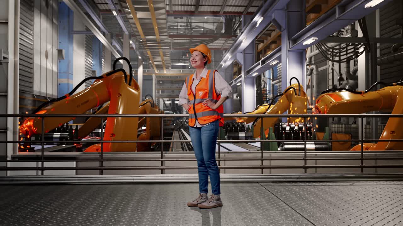 Female Engineer in a Modern Factory with Robots