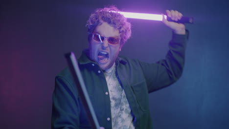 excited musician with neon lights