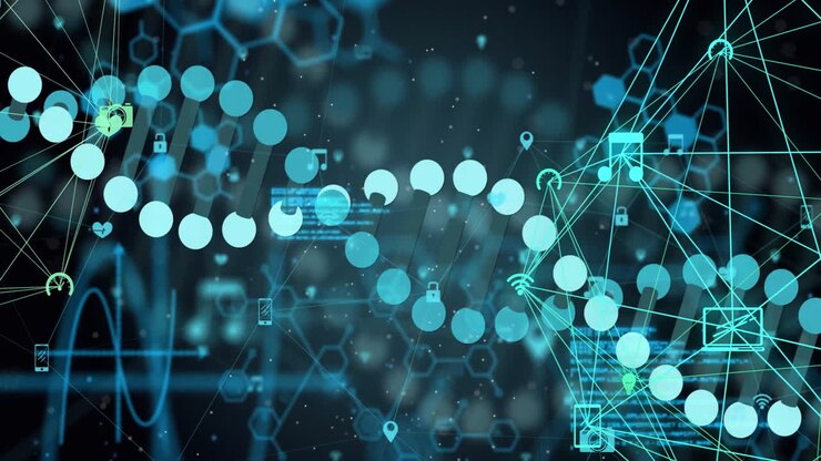 Animation of digital network with geometric shapes processing data elements