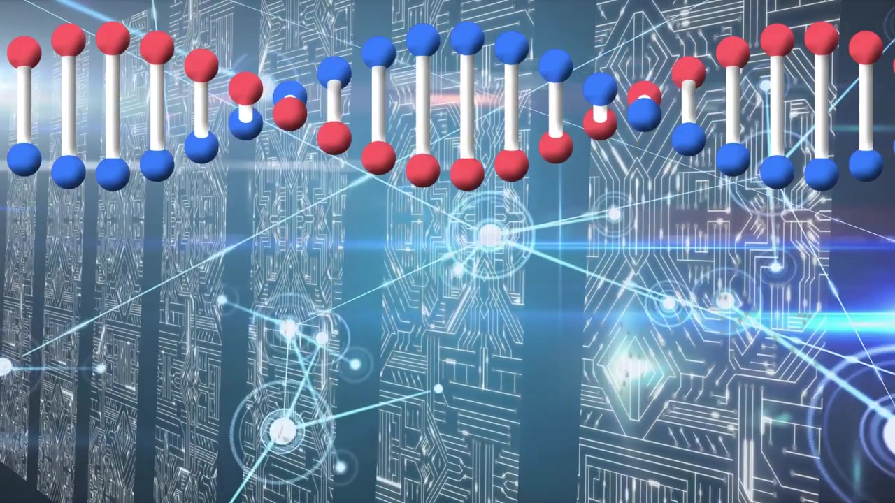 Animation of data processing and dna strand over shapes