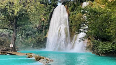 idyllic turquoise waters river and pond with beautiful waterfallsin the mexican jungle
