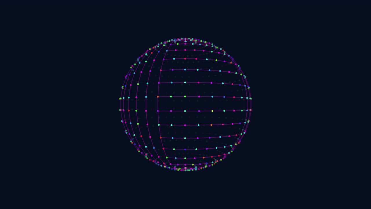 esfera geométrica futurista con puntos de neón en gradiente negro