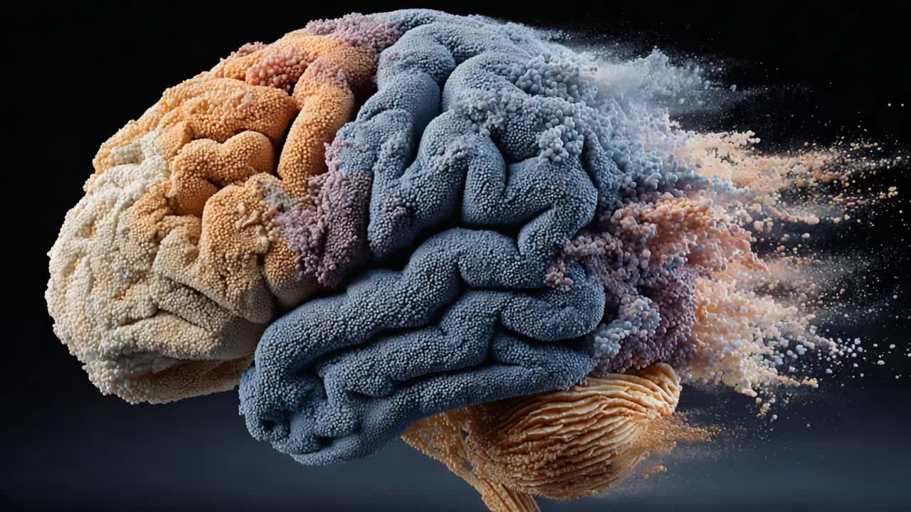 A Detailed Exploration of a Abstract Brain Representation Showcasing Dynamic Colors and Textures, Simulating Neural Activity and Creative Thought Processes in an Artistic Context