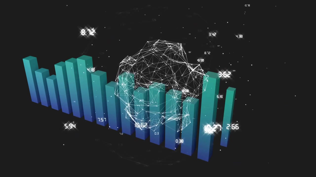 Animation of network of connections with globe and statistics data processing over black background