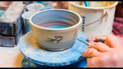 Hand-of-artist-drawing-on-earthenware-bowl