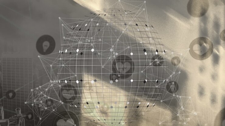 Animation of network of digital icons and spinning globe against aerial view of cityscape