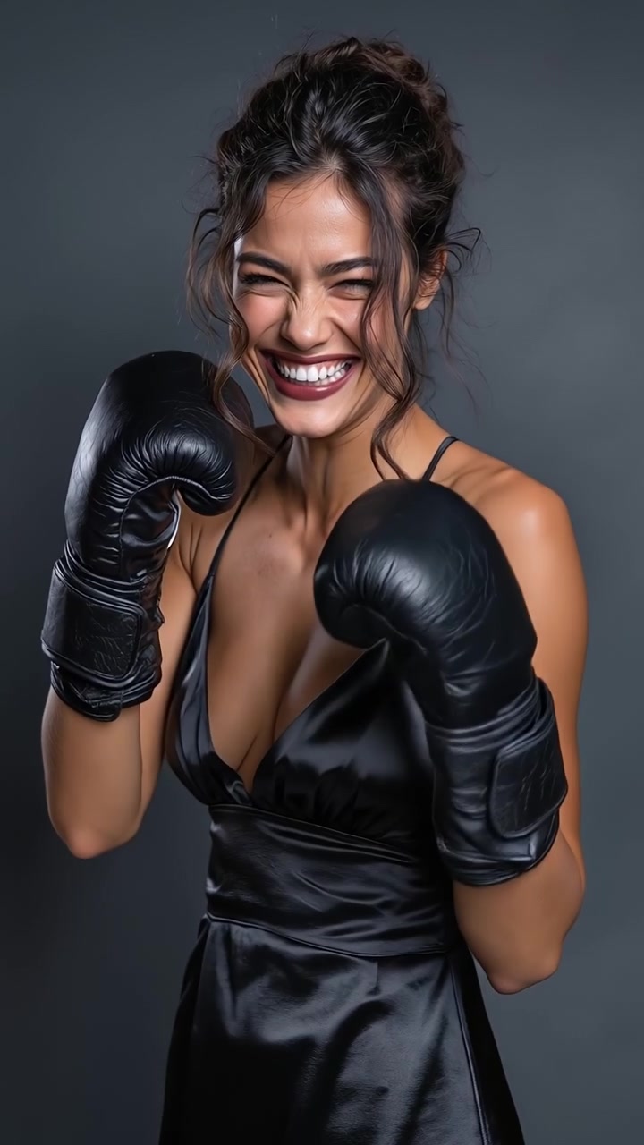 Giovane donna sorridente che indossa guantoni da boxe neri e un abito di raso, in posa in uno studio buio.
