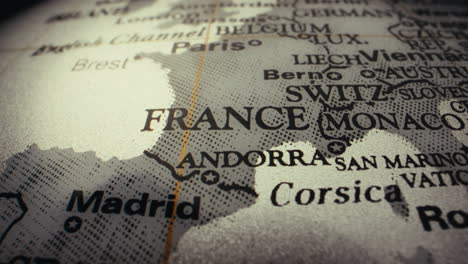 close-up of a vintage world map, focusing on western europe