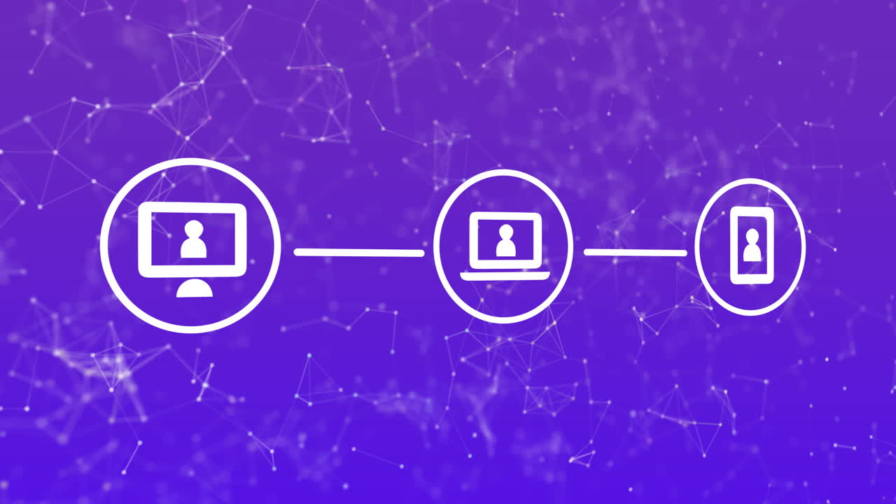 animación de iconos de medios y formas que se mueven sobre un fondo azul