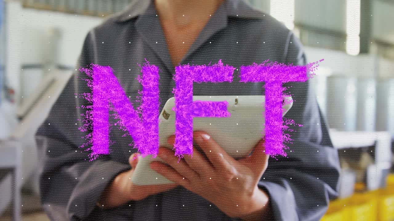 Warehouse worker raising tablet and tapping, NFT and chat counters increasing, monitoring market