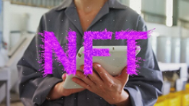Warehouse worker raising tablet and tapping, NFT and chat counters increasing, monitoring market