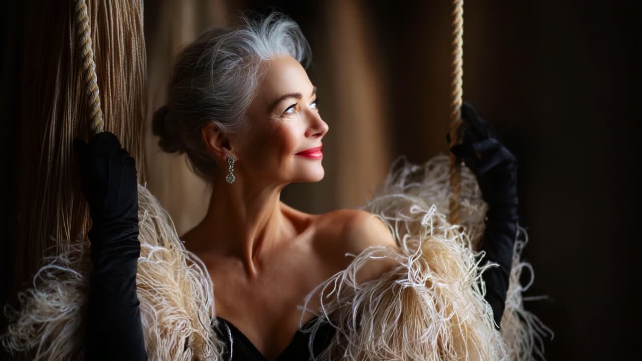 Elegant portrait of a graceful older woman exuding confidence and charm while seated on a swing, dressed in luxurious attire with intricate feather details, showcasing timeless beauty