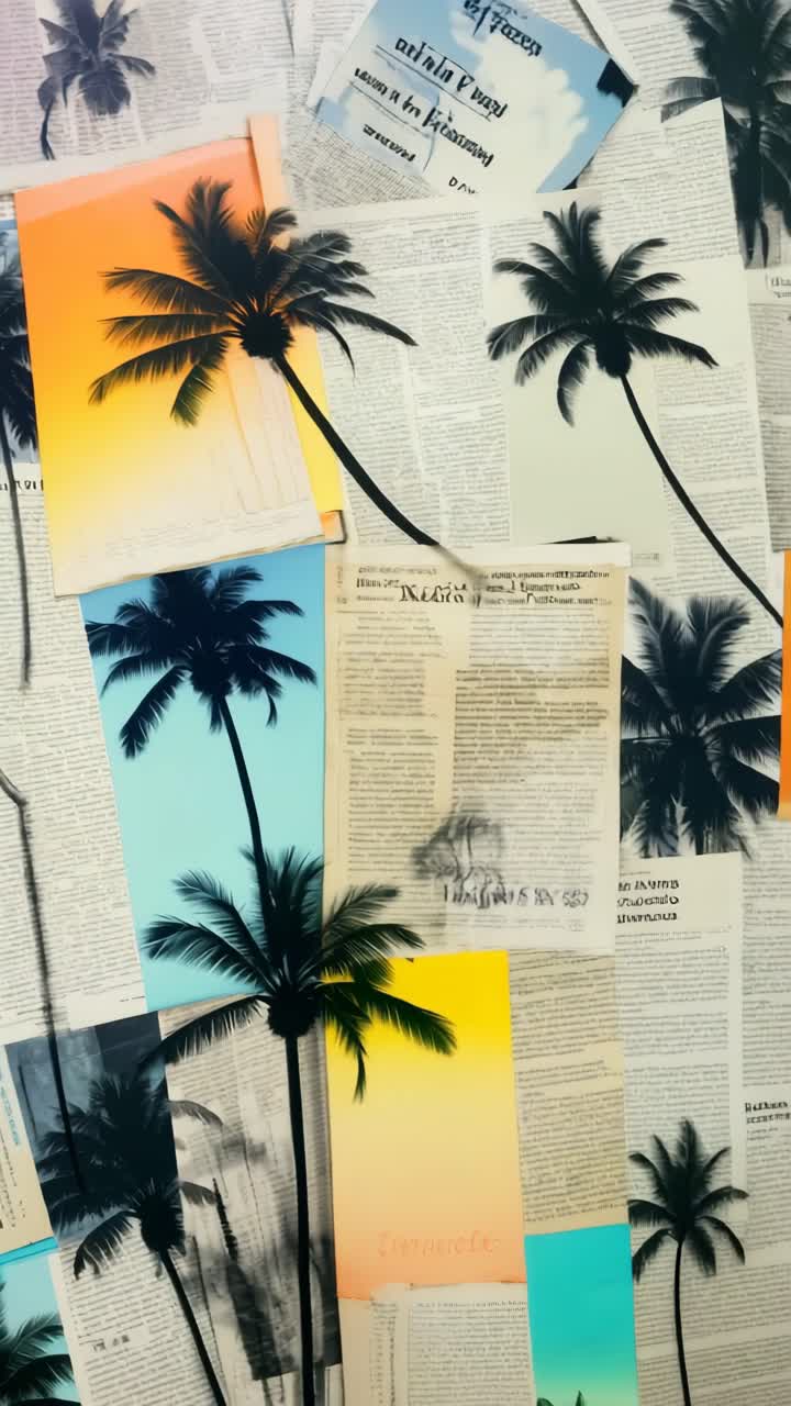 Collage di giornali vintage e palme con un'atmosfera retrò