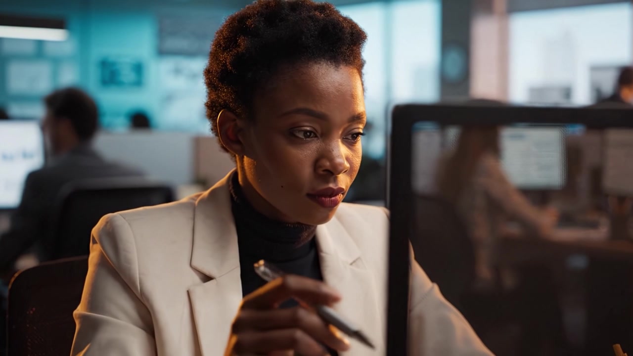 Focused Business Professional Analyzing Data in a Modern Office Environment at Dusk, Demonstrating Concentration and Commitment to Work and Team Success