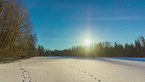 Herrliche-Landschaft-Mit-Schneebedecktem-See-In-Waldlandschaft-Mit-Wunderschöner-Morgendämmerung-Und-Buntem-Himmel-Bei-Sonnenaufgang---Blauer-Nachthimmel-Nach-Dämmerung